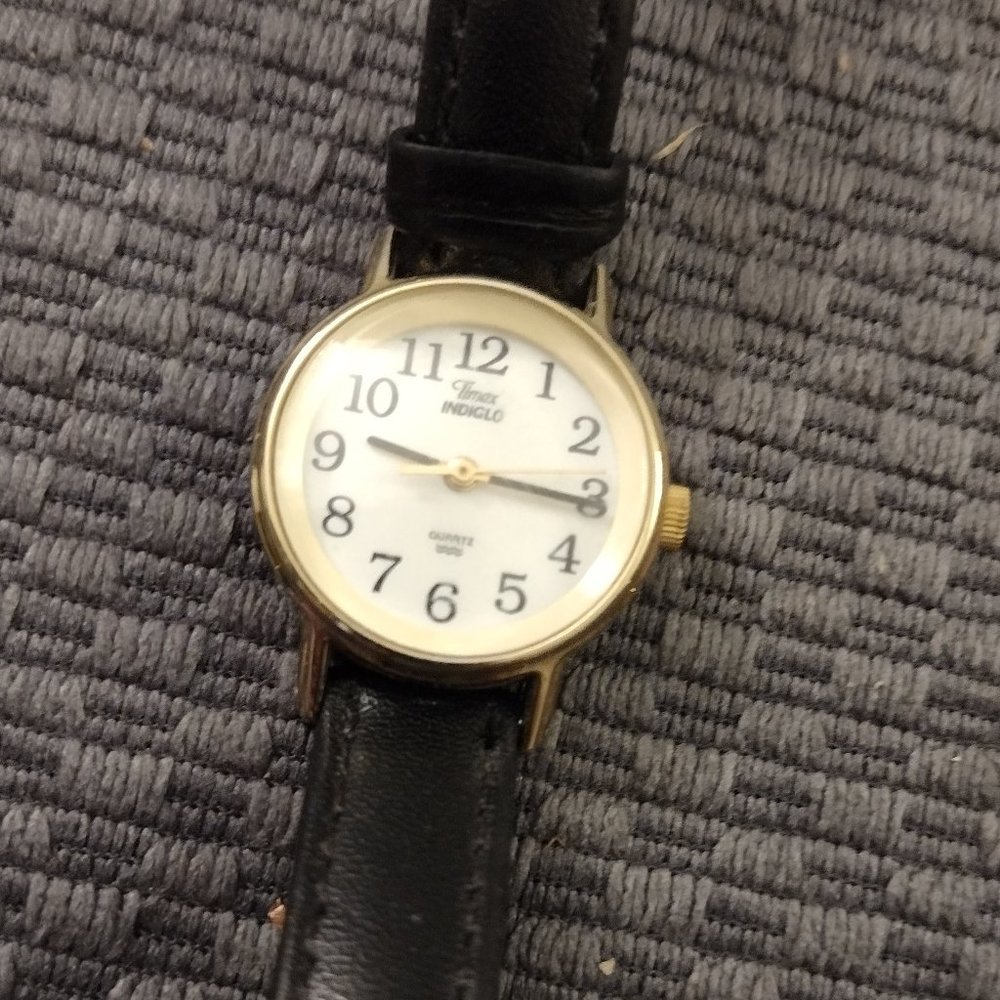 TIMEX Ladies Quartz Gold Round Wrist Watch Black Faux Leather Band